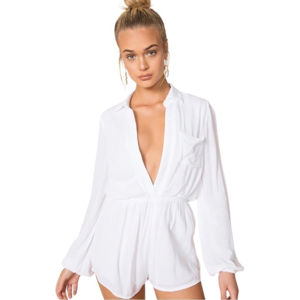 SUPERDOWN Long Sleeve Gauzy Cotton White Mini Romper Sz M